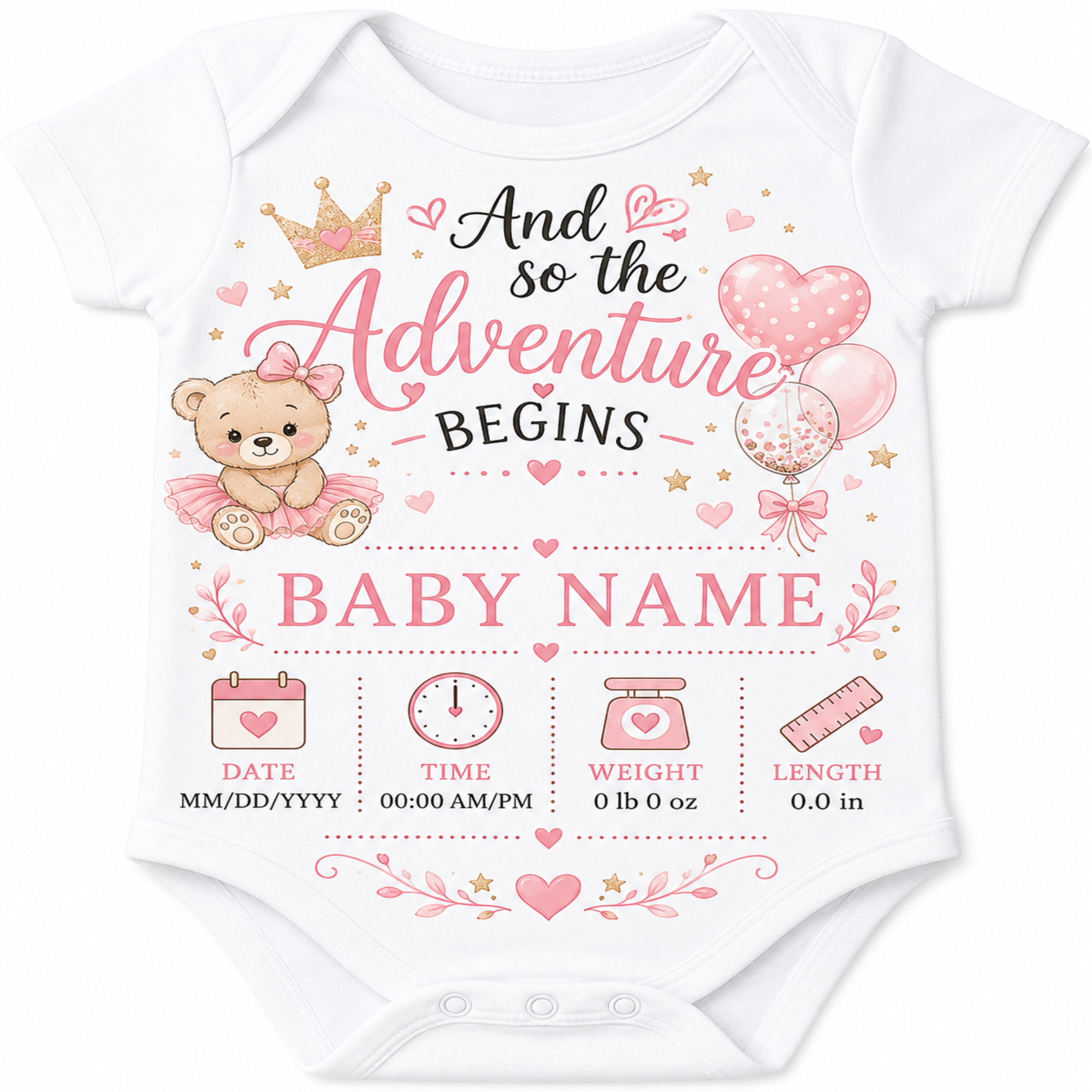 White baby bodysuit with a pink and black personalized baby shower graphic featuring a teddy bear, crown, balloons, and baby tracking details.