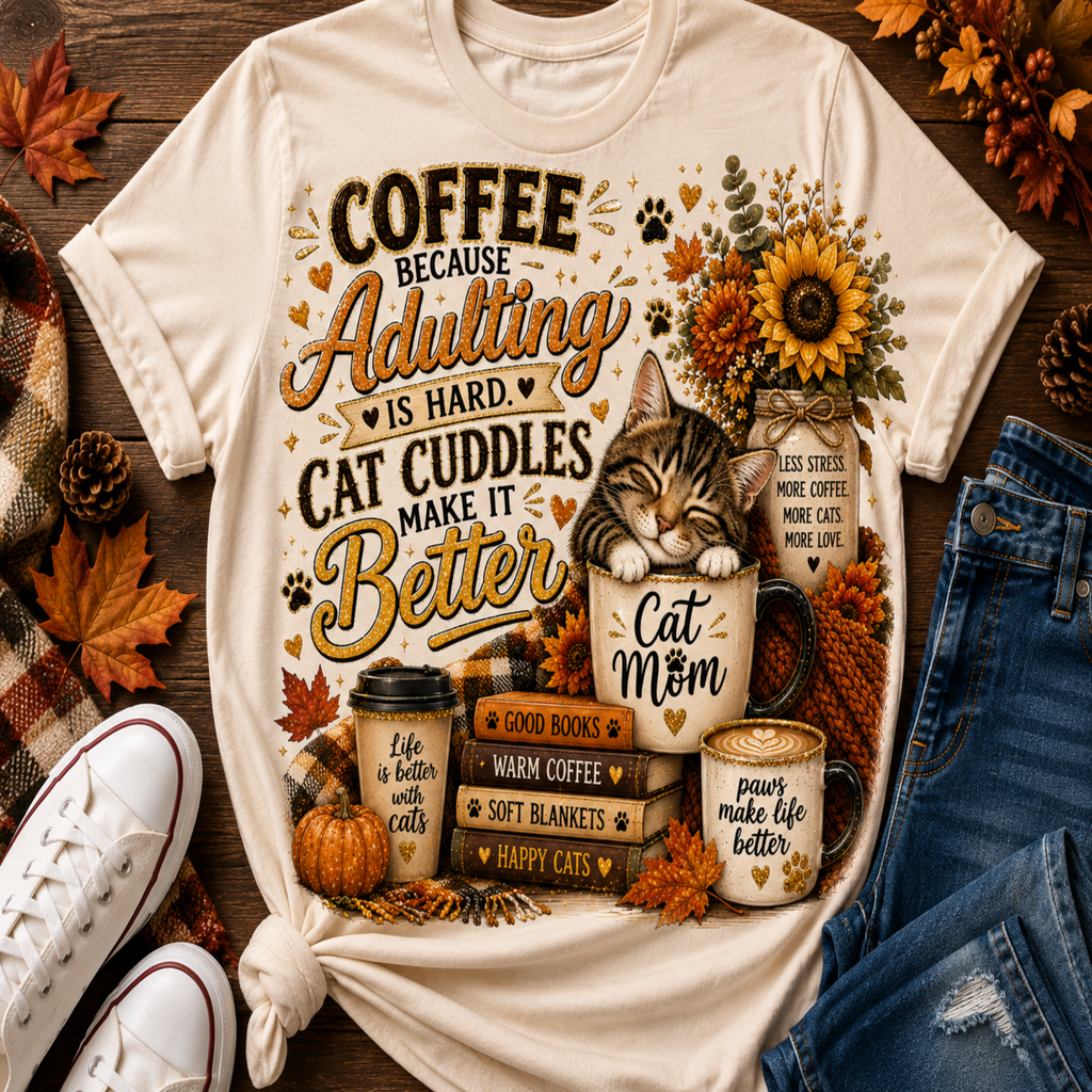 A cream-colored graphic t-shirt featuring a cozy autumn-themed design with the text 'COFFEE BECAUSE Adulting CAT CUDDLES MAKE IT Better' and an illustration of a sleeping cat, mugs, a pumpkin, and fall leaves. The shirt is styled in a flat-lay arrangement on a dark wood background alongside jeans, sneakers, and seasonal props.