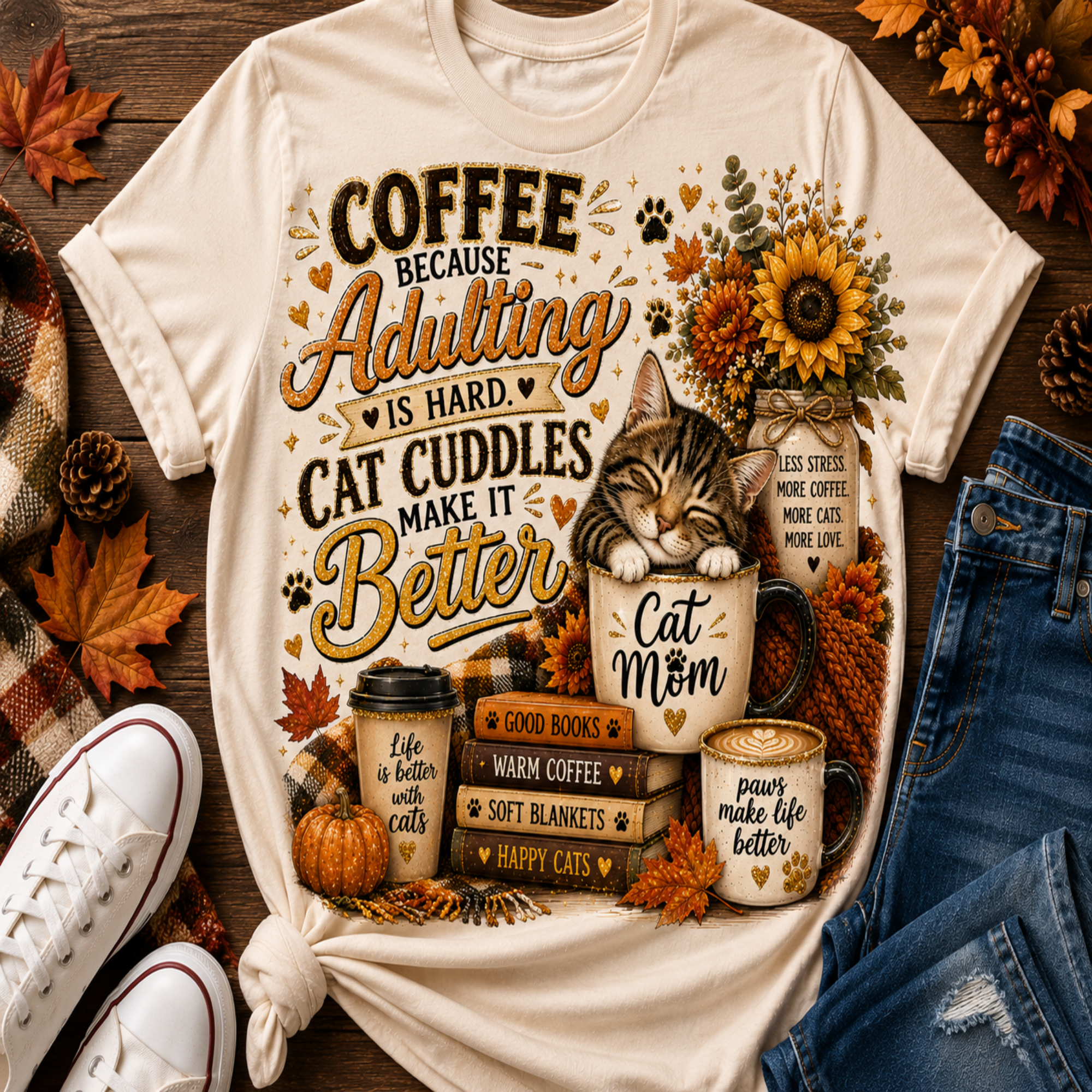 A cream-colored graphic t-shirt featuring a cozy autumn-themed design with the text 'COFFEE BECAUSE Adulting CAT CUDDLES MAKE IT Better' and an illustration of a sleeping cat, mugs, a pumpkin, and fall leaves. The shirt is styled in a flat-lay arrangement on a dark wood background alongside jeans, sneakers, and seasonal props.