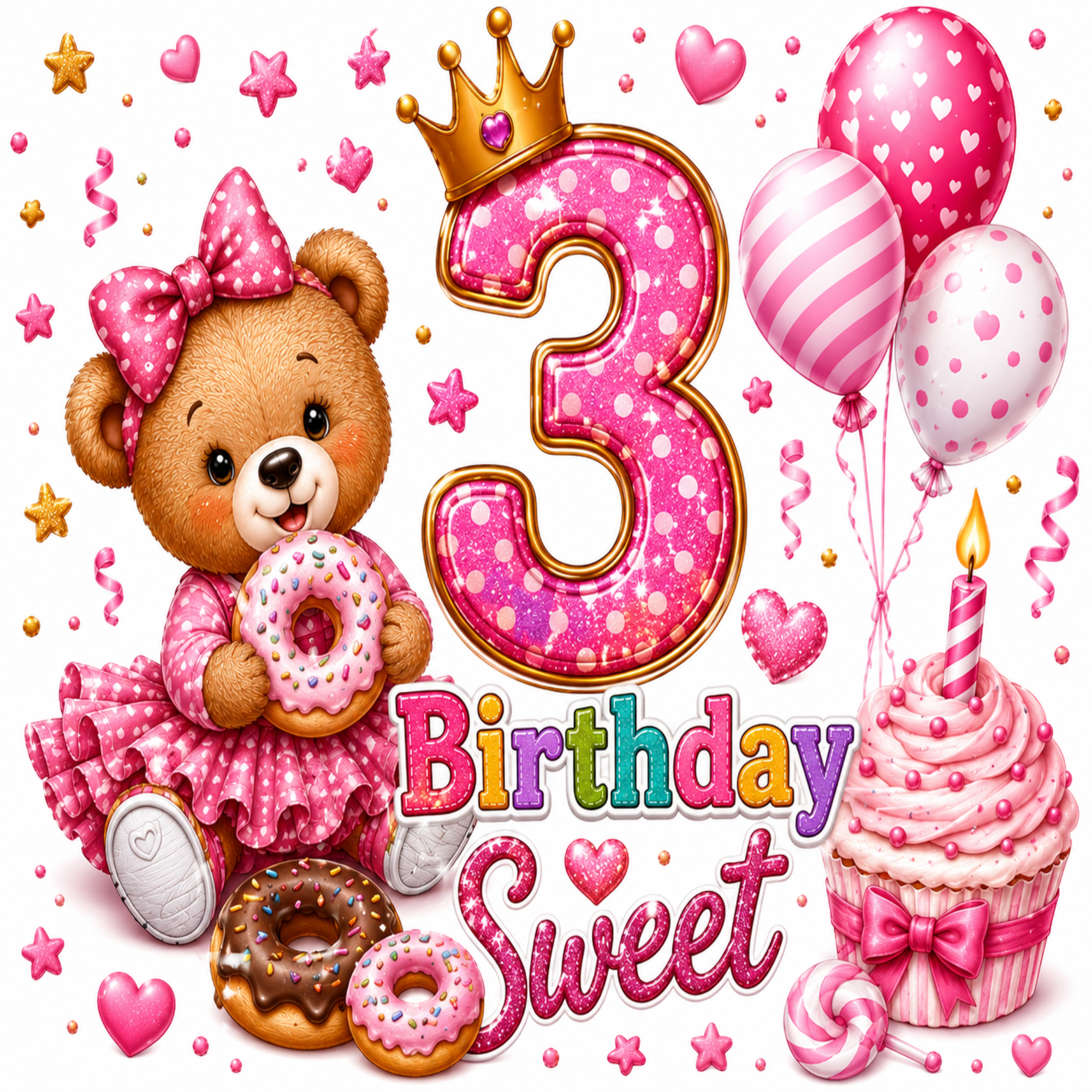 A festive 3rd birthday illustration featuring a pink teddy bear holding a donut, a large glittery number 3 with a crown, balloons, a pink cupcake, donuts, stars, hearts, and the words 'Birthday Sweet'.