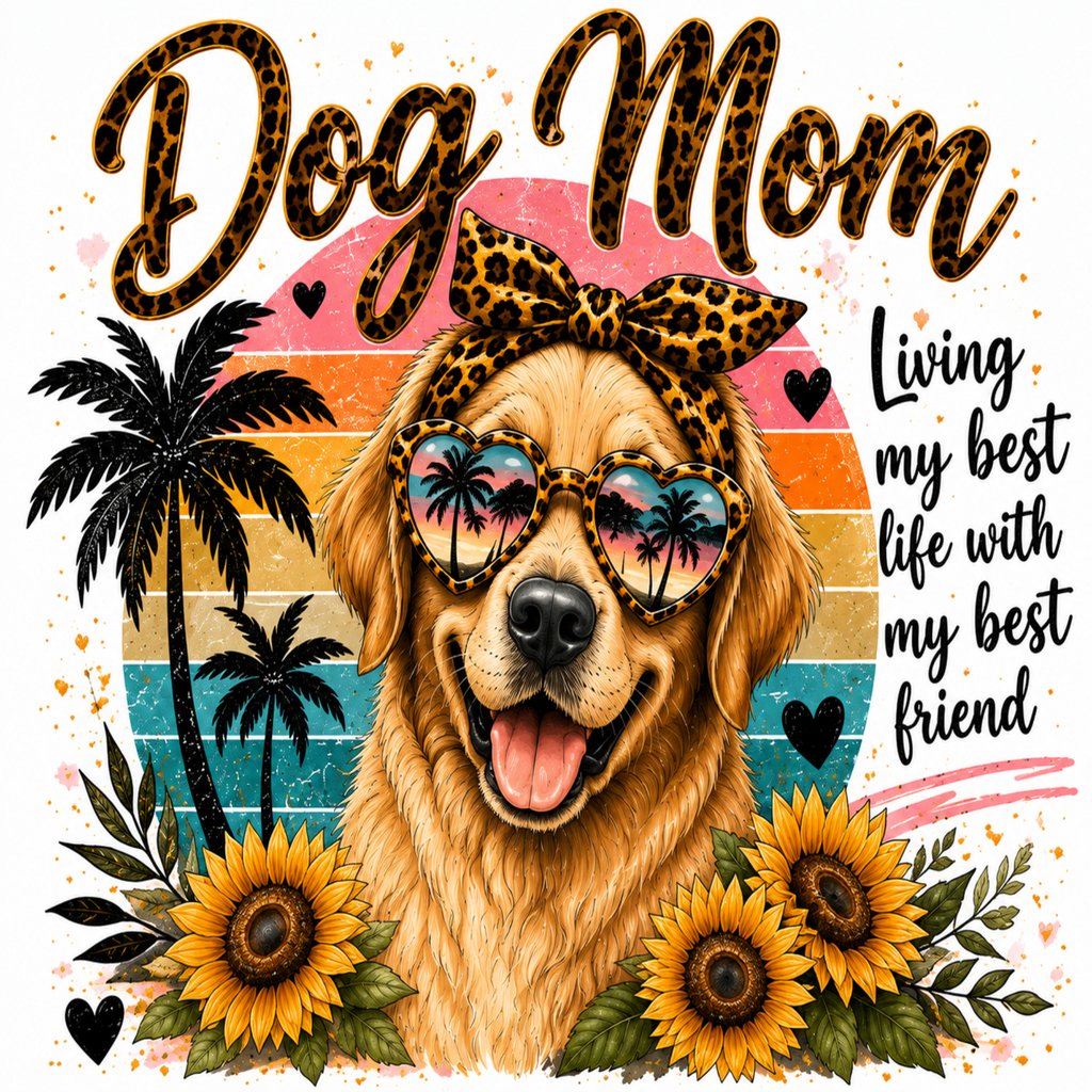 A colorful graphic design featuring a golden retriever dog wearing leopard-print sunglasses and a matching bow headband, surrounded by sunflowers, palm trees, and hearts. The text reads 'Dog Mom' at the top and 'Loving my best life with my best friend' on the right.