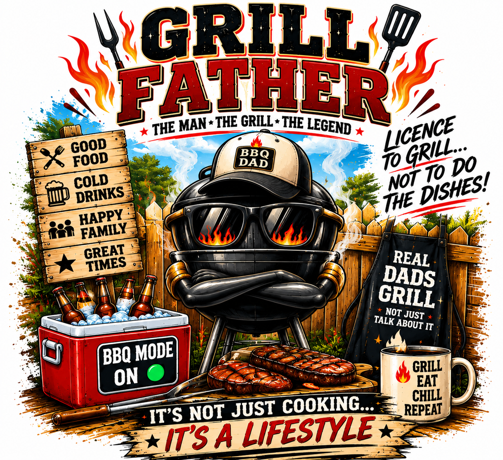 A colorful graphic design for a BBQ theme product, likely a t-shirt or print, featuring the text 'GRILL FATHER' and various barbecue elements including a grill, cooler, steaks, and mugs.