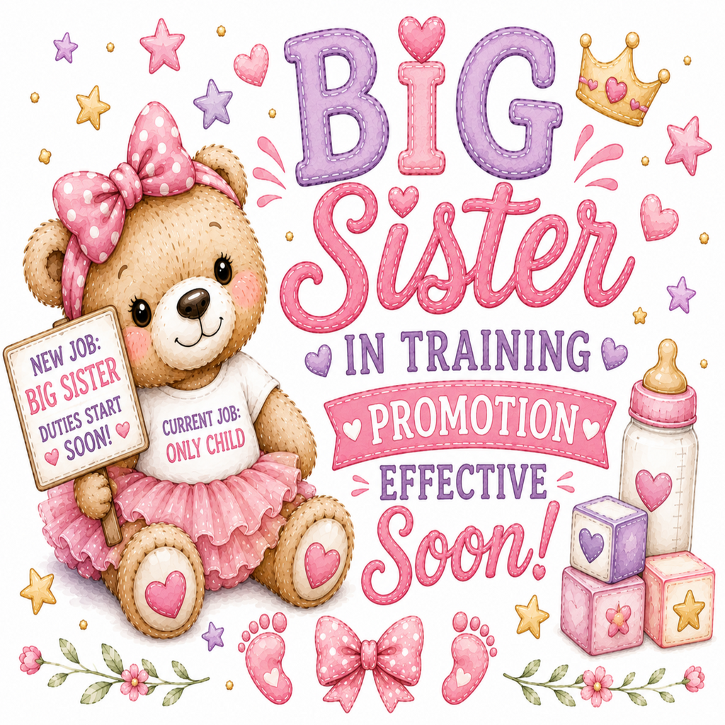 A baby shower themed graphic celebrating a 'Big Sister in Training' with a cute teddy bear holding a sign, pink and purple text, baby accessories, and a white background.