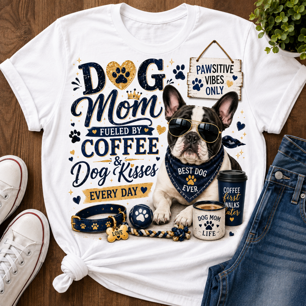 A white graphic T-shirt laid flat on a wooden surface, styled with jeans, sneakers, and a small plant. The shirt features a large dog-themed print reading 'Dog Mom Fueled by Coffee & Dog Kisses Every Day' with a French bulldog illustration, paw prints, and accessories.