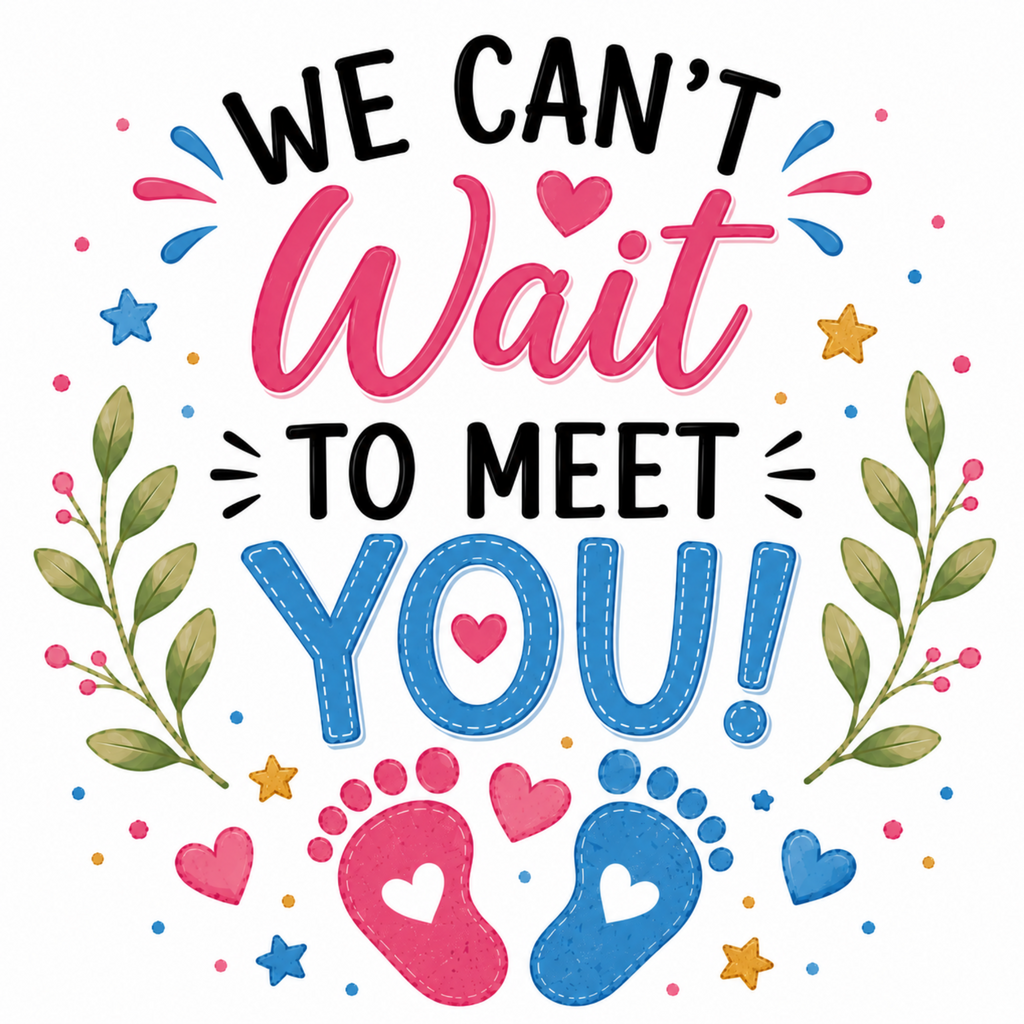 A colorful graphic design with the text 'WE CAN'T Wait TO MEET YOU!' in black, pink, and blue lettering, surrounded by pink hearts, blue and pink stars, green leaves, and pink and blue baby footprints on a white background.