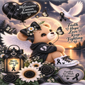 Melanoma Cancer Awareness themed digital illustration featuring a cute brown teddy bear with angel wings, a black ribbon bow, and a black hoodie. The bear is surrounded by black and white roses, a glowing lantern, a black awareness balloon, a white dove, and memorial stones with inspirational quotes against a sunset lake background.