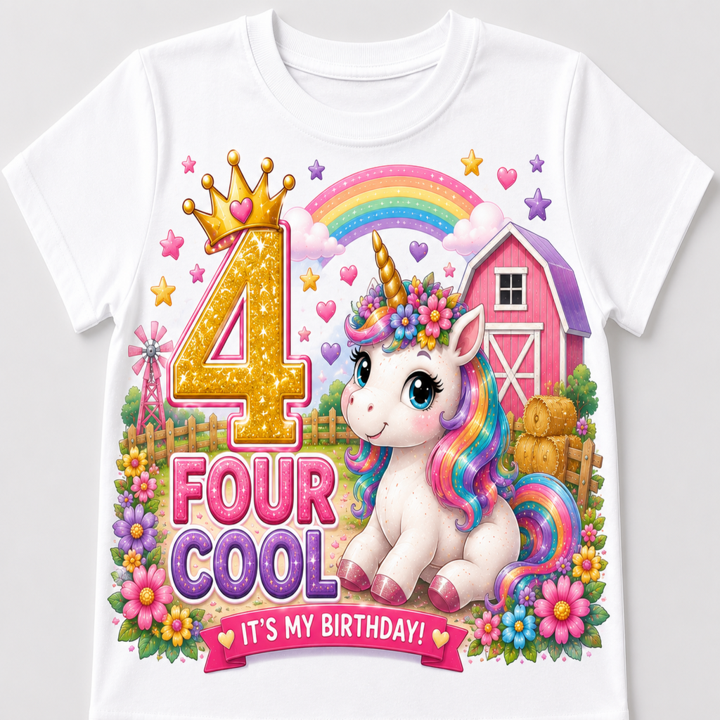 A white short-sleeve kids' t-shirt featuring a colorful, whimsical 4th birthday graphic. The design includes a white unicorn with a rainbow mane and tail, a pink barn, a golden crown, a rainbow, and the text '4 FOUR COOL IT'S MY BIRTHDAY!'.