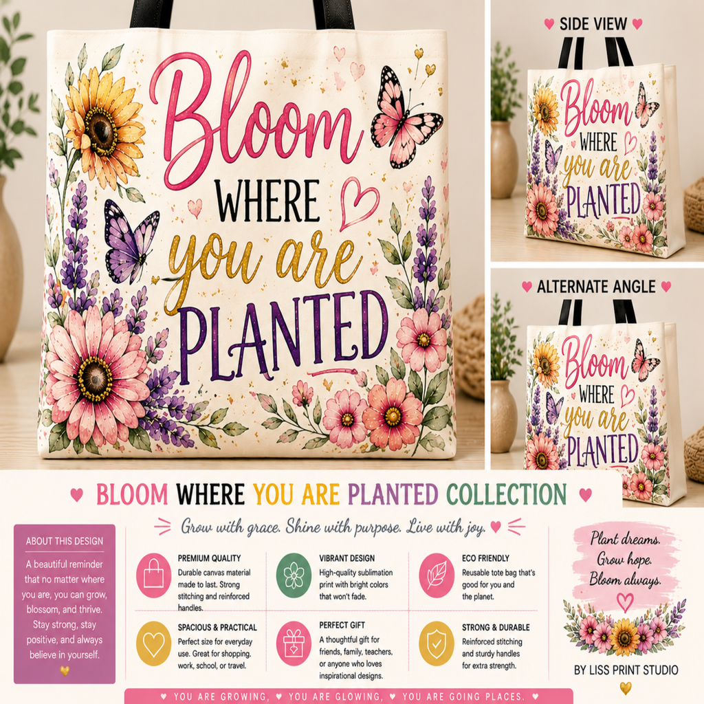 A tote bag with a floral and butterfly watercolor design featuring the text 'Bloom WHERE you are PLANTED' in pink, black, and gold lettering. The tote is shown from multiple angles with a side view and alternate angle, alongside a collection banner at the bottom detailing product features.