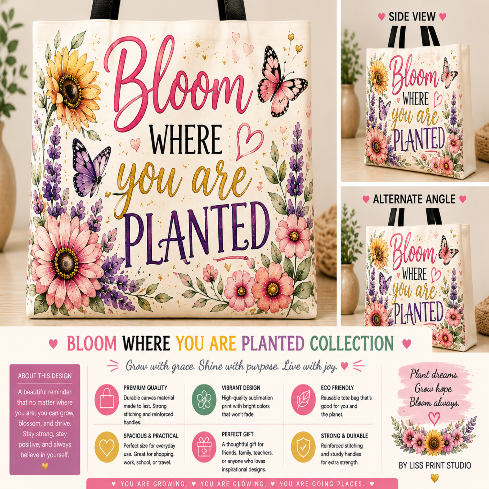 A tote bag with a floral and butterfly watercolor design featuring the text 'Bloom WHERE you are PLANTED' in pink, black, and gold lettering. The tote is shown from multiple angles with a side view and alternate angle, alongside a collection banner at the bottom detailing product features.