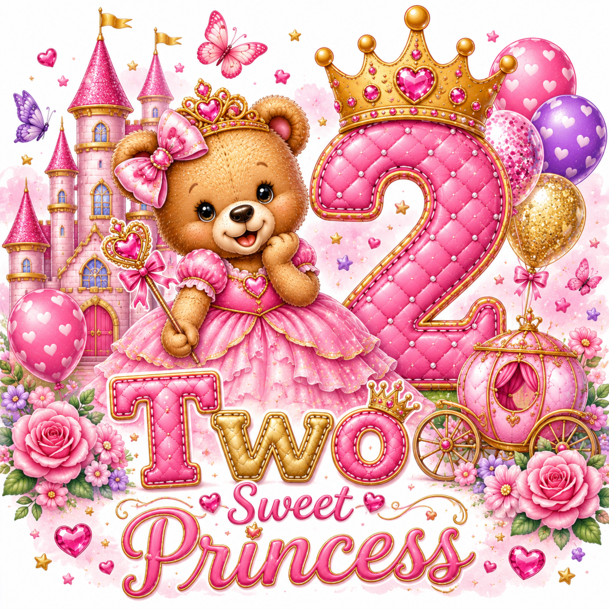 A colorful digital illustration celebrating a child's second birthday with a teddy bear in a pink princess dress, a large pink number 2, a gold crown, balloons, a castle, roses, butterflies, and the words 'Two Sweet Princess'.
