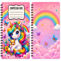 A children's composition book shown open to two pages, decorated with a colorful rainbow unicorn, butterflies, flowers, clouds, and stars in a pink fantasy theme.