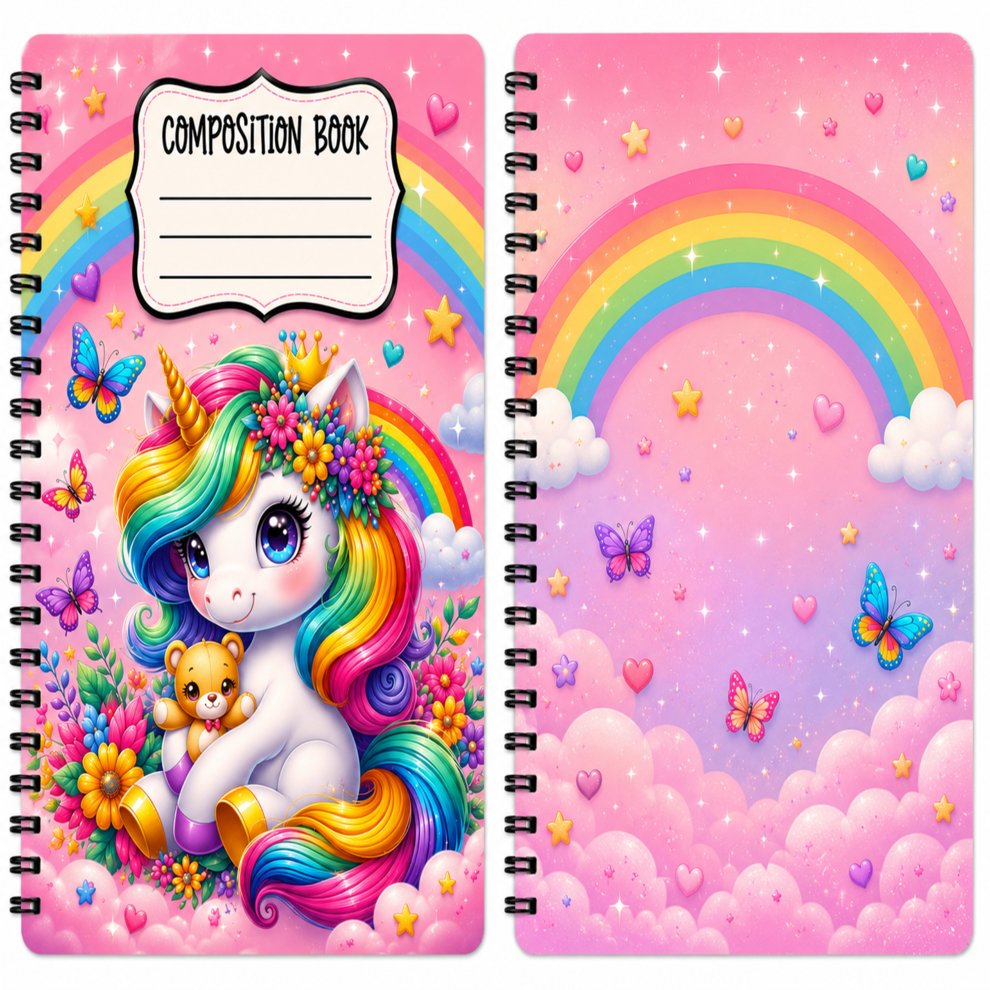 A children's composition book shown open to two pages, decorated with a colorful rainbow unicorn, butterflies, flowers, clouds, and stars in a pink fantasy theme.