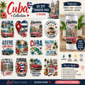 Promotional graphic for a 'Cuba Collection' UV DTF transfer pack by Liss Print Studio, showcasing 12 different colorful designs featuring Cuban cars, landscapes, and text on a white background with product details on the right.