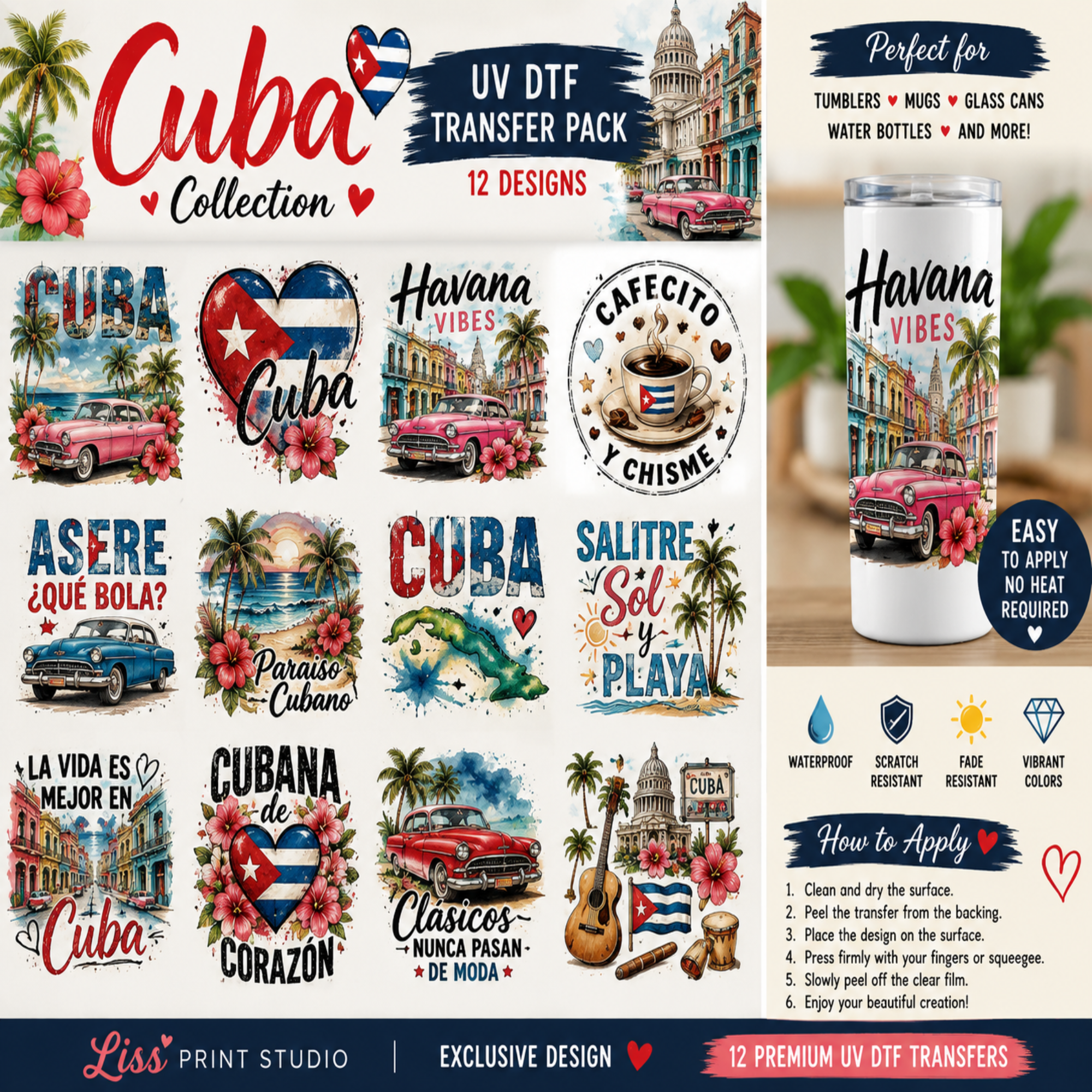 Promotional graphic for a 'Cuba Collection' UV DTF transfer pack by Liss Print Studio, showcasing 12 different colorful designs featuring Cuban cars, landscapes, and text on a white background with product details on the right.