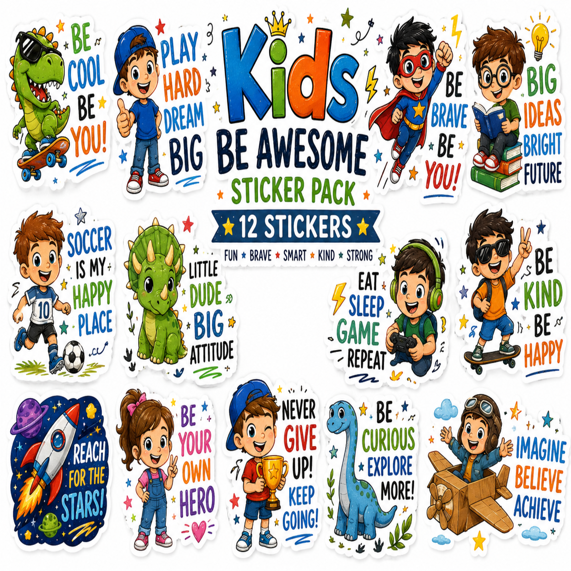 A sheet of 12 colorful cartoon stickers for kids featuring motivational quotes, superheroes, dinosaurs, space themes, and children in various playful poses on a white background.