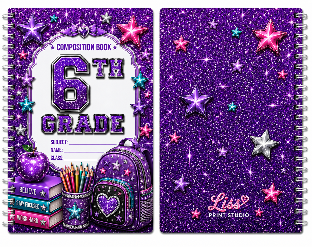 A spiral-bound composition book shown from both front and back covers. The covers feature a glittery purple background with star graphics, a backpack illustration, and the text '6th Grade Composition Book' and 'Liss Print Studio'.