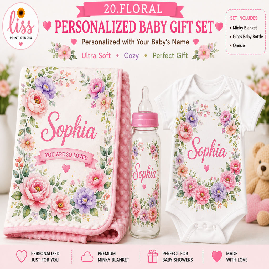 A personalized baby gift set featuring a floral-printed blanket, a baby bottle, and a white onesie with pink script text reading 'Sophia' and a floral border. The image includes promotional text, a brand logo for 'Liss Print Studio', and a teddy bear prop on a light background.