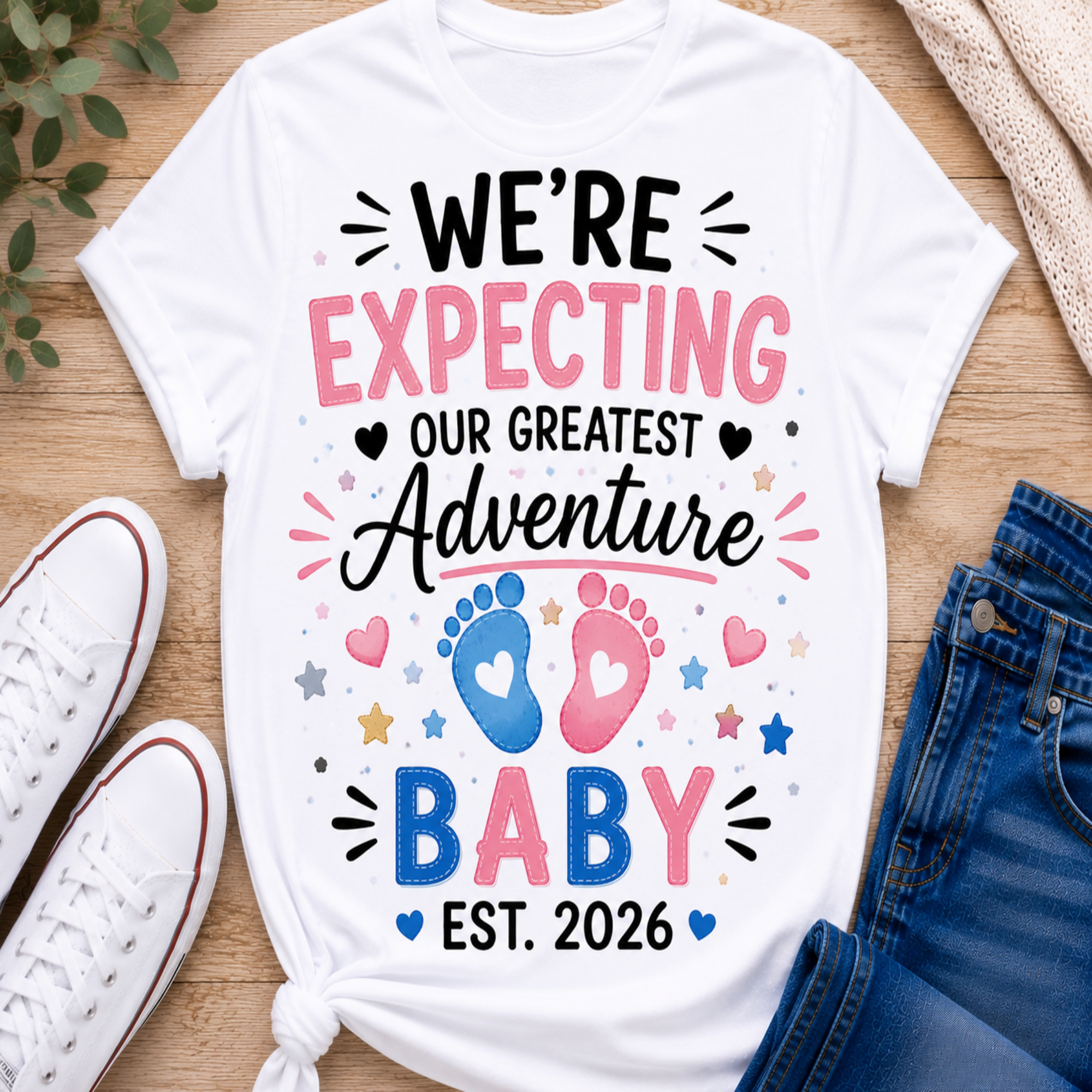 A white graphic t-shirt laid flat on a wooden surface, styled with white sneakers, blue jeans, and a knit sweater. The shirt features a colorful print that reads 'WE'RE EXPECTING OUR GREATEST Adventure BABY EST.