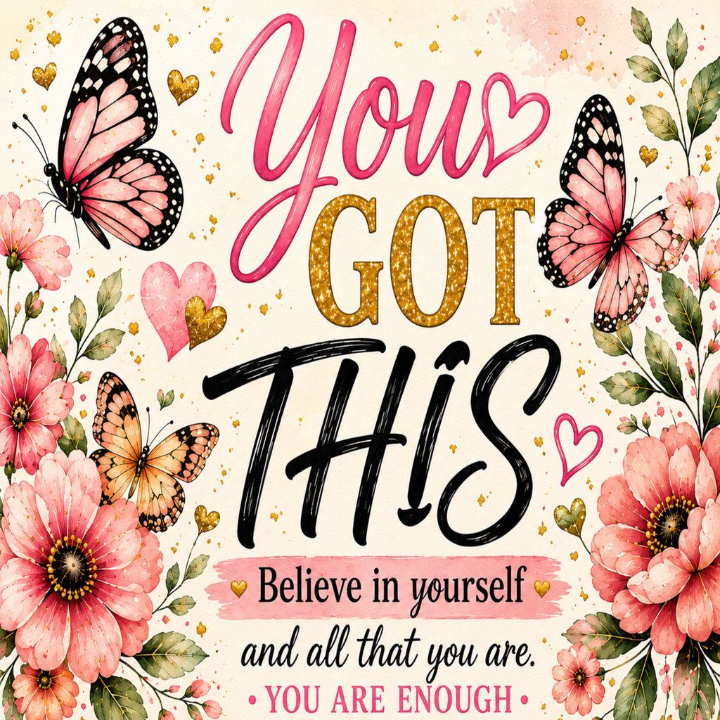 A decorative inspirational quote graphic reading 'You GOT THIS' with 'Believe in yourself and all that you are. YOU ARE ENOUGH' below.