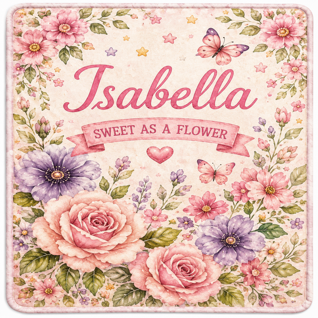 Personalized floral blanket or throw featuring the name 'Isabella' in pink script, with the phrase 'Sweet as a flower' on a pink ribbon banner. The design is decorated with watercolor-style pink and purple roses, lavender flowers, butterflies, stars, and leaves on a cream background.
