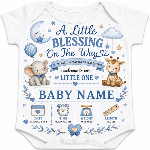 White baby bodysuit with a blue and brown baby shower graphic print featuring an elephant, giraffe, crescent moon, stars, and customizable text fields.