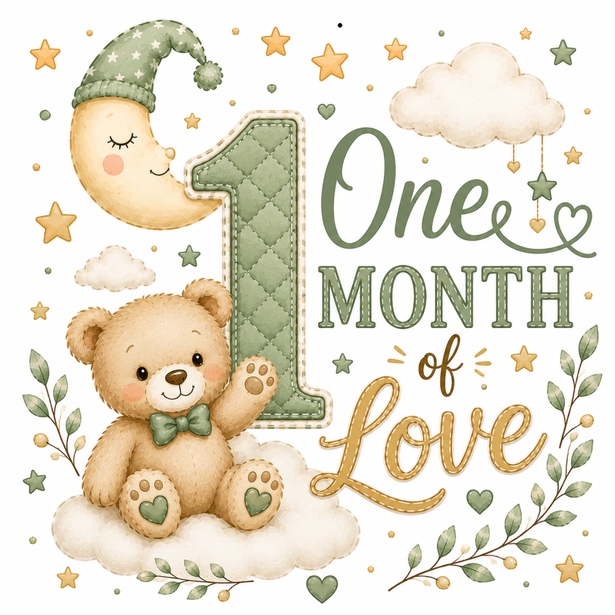 A baby first birthday illustration featuring a large quilted number 1, a sleeping teddy bear with a green bow tie on a cloud, a crescent moon in a starry green hat, and the words 'One Month of Love' with stars and leaves on a white background.