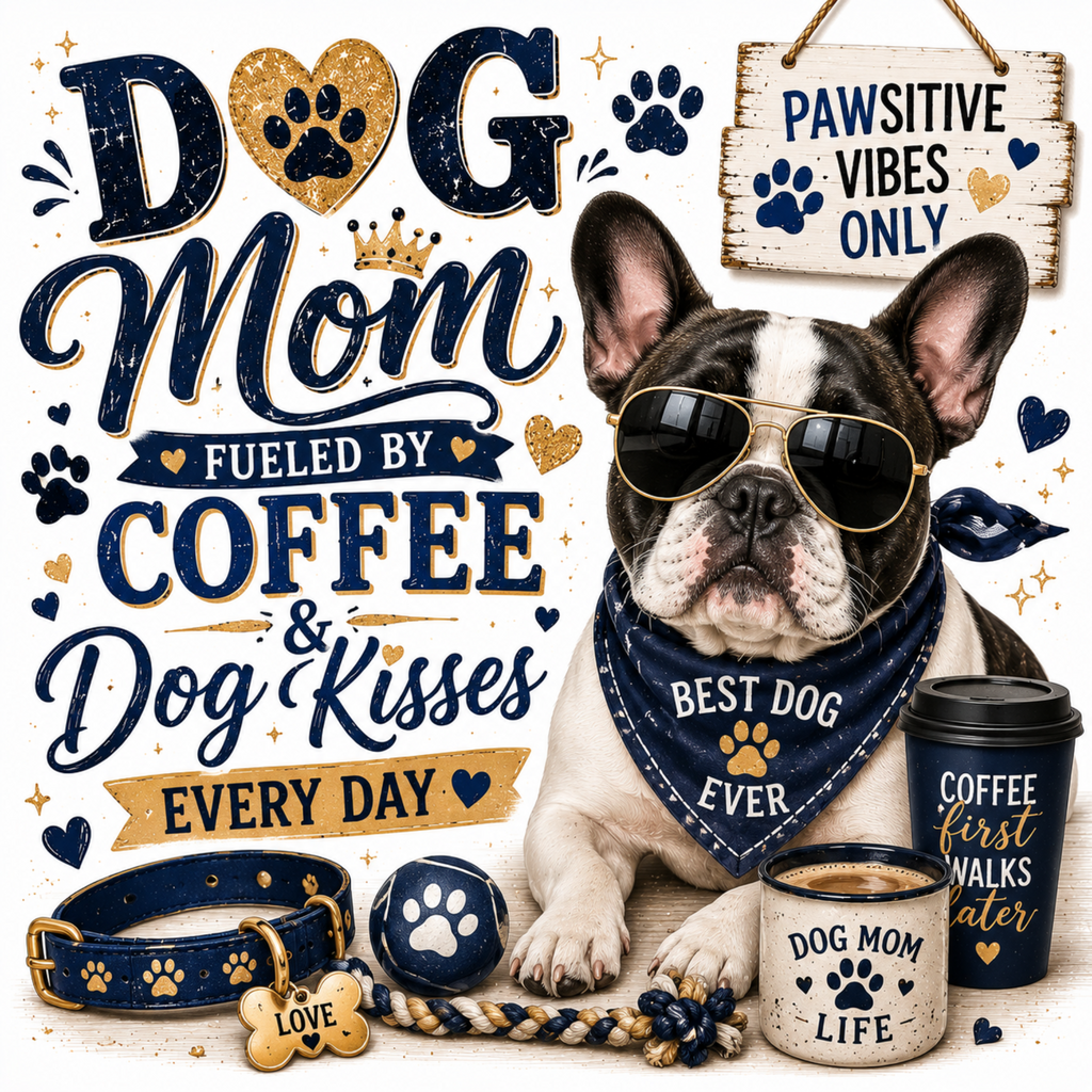 A dog-themed decorative graphic featuring a French bulldog wearing sunglasses and a navy bandana that reads 'BEST DOG EVER.' Large text says 'DOG Mom' and 'Fueled by Coffee & Dog Kisses Every Day,' with additional dog accessories including a collar, ball, rope toy, mug, and cup.