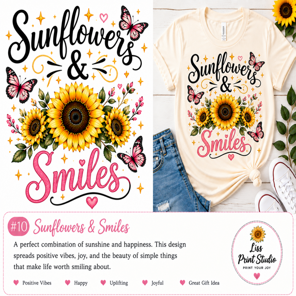 A digital design preview for a t-shirt graphic featuring the text 'Sunflowers & Smiles' with watercolor sunflowers, pink script lettering, butterflies, and stars. The left side shows the full design, while the right side shows it printed on a cream t-shirt styled with blue jeans and a shoe.