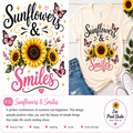 A digital design preview for a t-shirt graphic featuring the text 'Sunflowers & Smiles' with watercolor sunflowers, pink script lettering, butterflies, and stars. The left side shows the full design, while the right side shows it printed on a cream t-shirt styled with blue jeans and a shoe.
