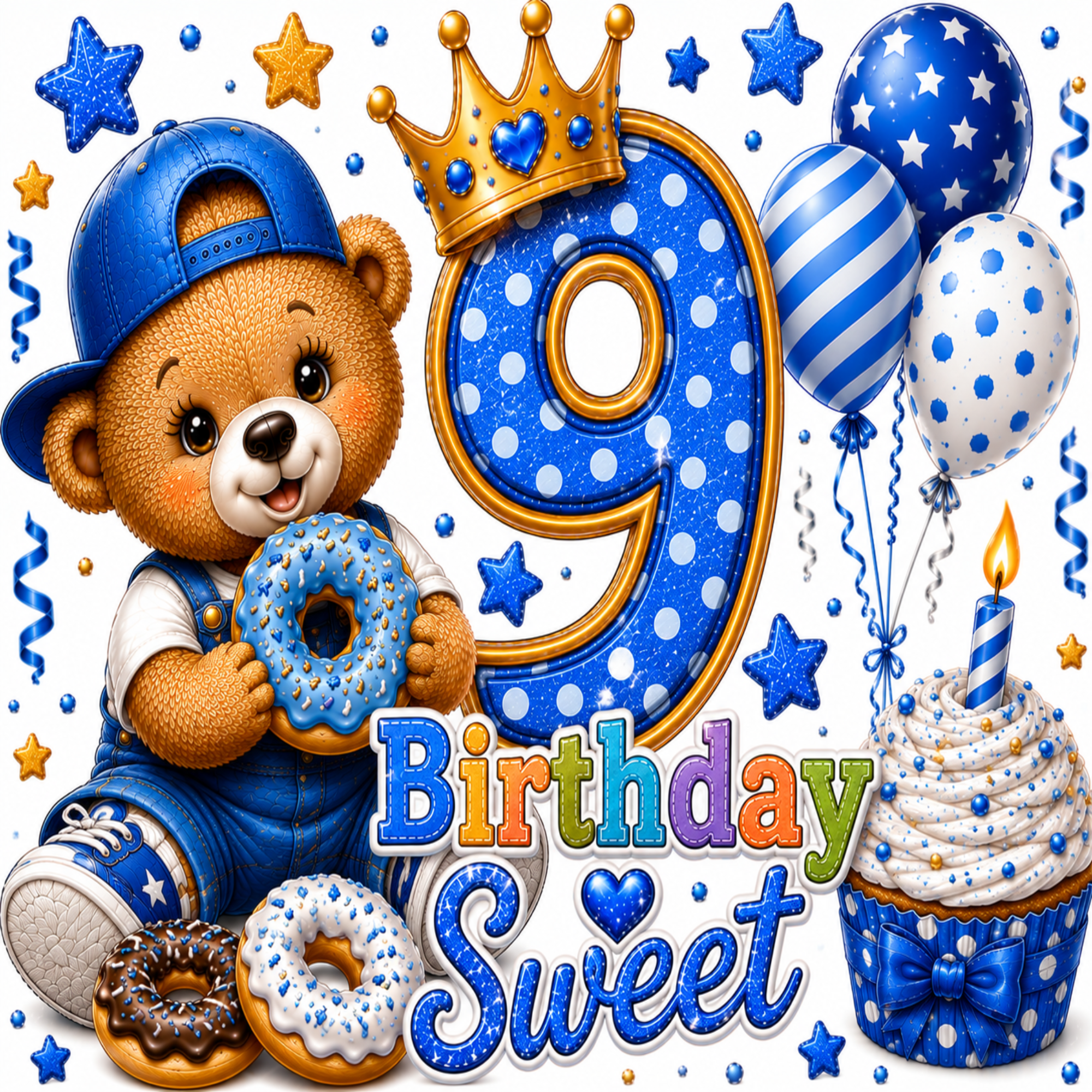 A festive 9th birthday graphic featuring a teddy bear in blue overalls and cap holding a donut, a large glittery blue number 9 with a gold crown, balloons, confetti, a cupcake, and the words 'Birthday Sweet'.