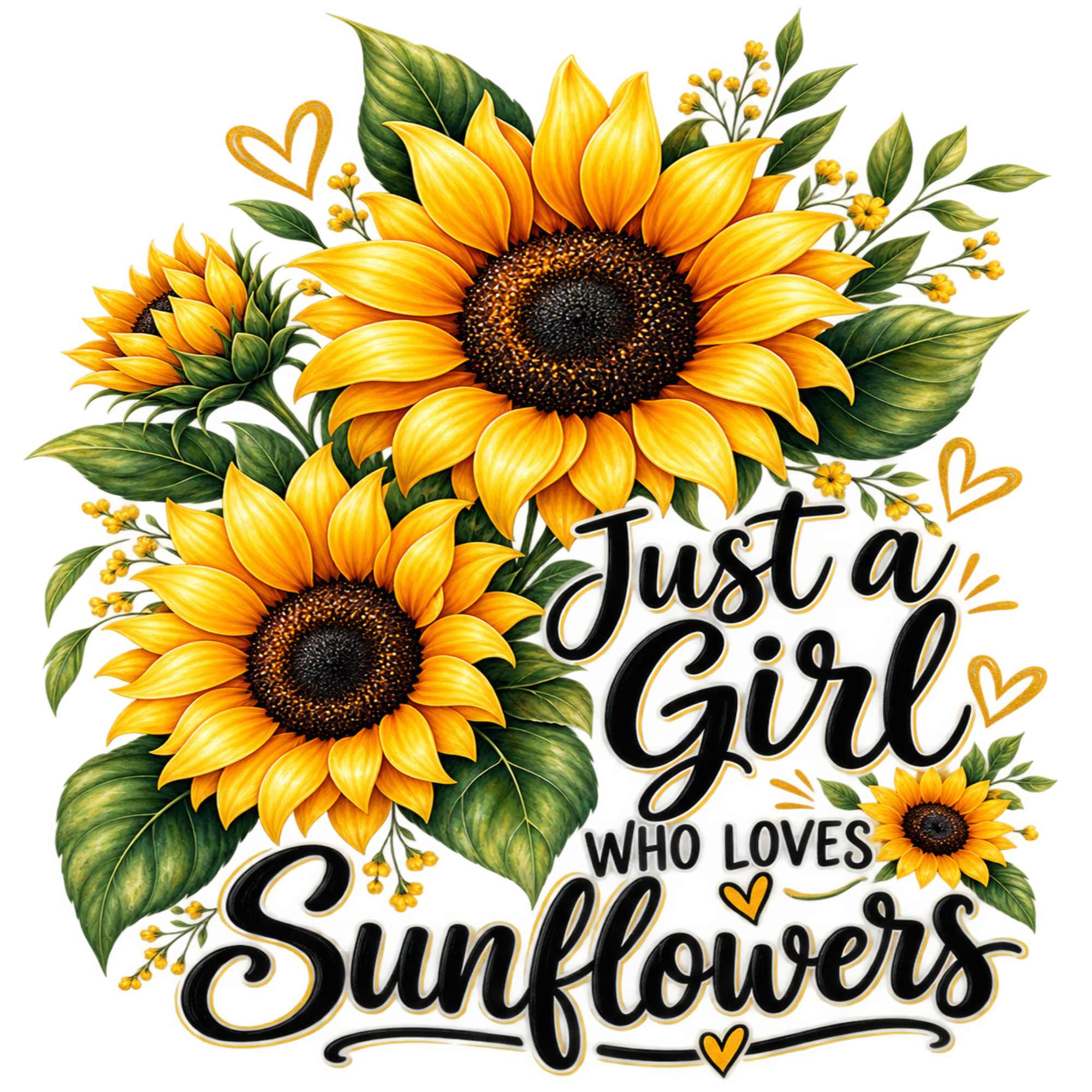 A decorative graphic featuring three sunflowers with green leaves and the phrase “Just a Girl Who Loves Sunflowers” in black script with small yellow hearts, on a plain white background.