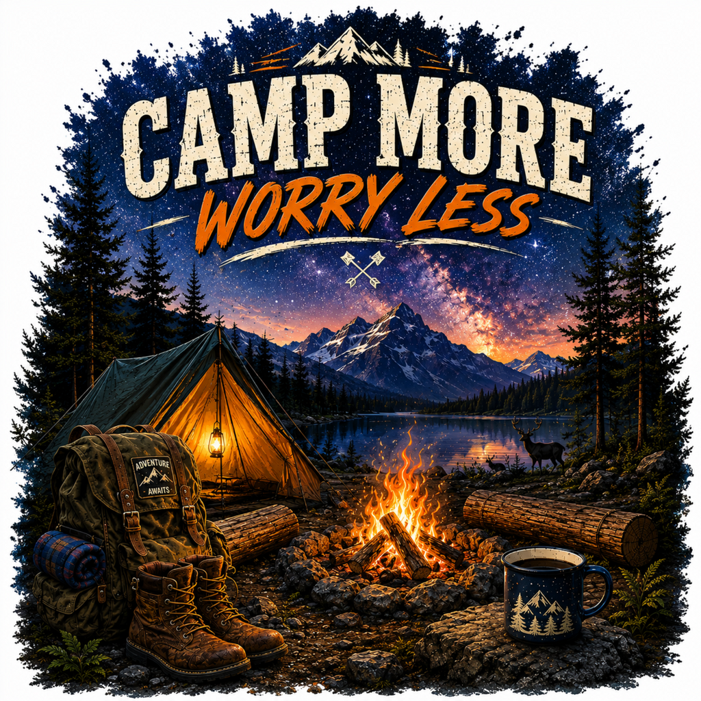 A square graphic design featuring a campsite scene at sunset with a glowing tent, campfire, backpack, boots, log, and a blue mug. Large text reads “CAMP MORE WORRY LESS” above the scene, with mountains, trees, and a starry sky in the background.