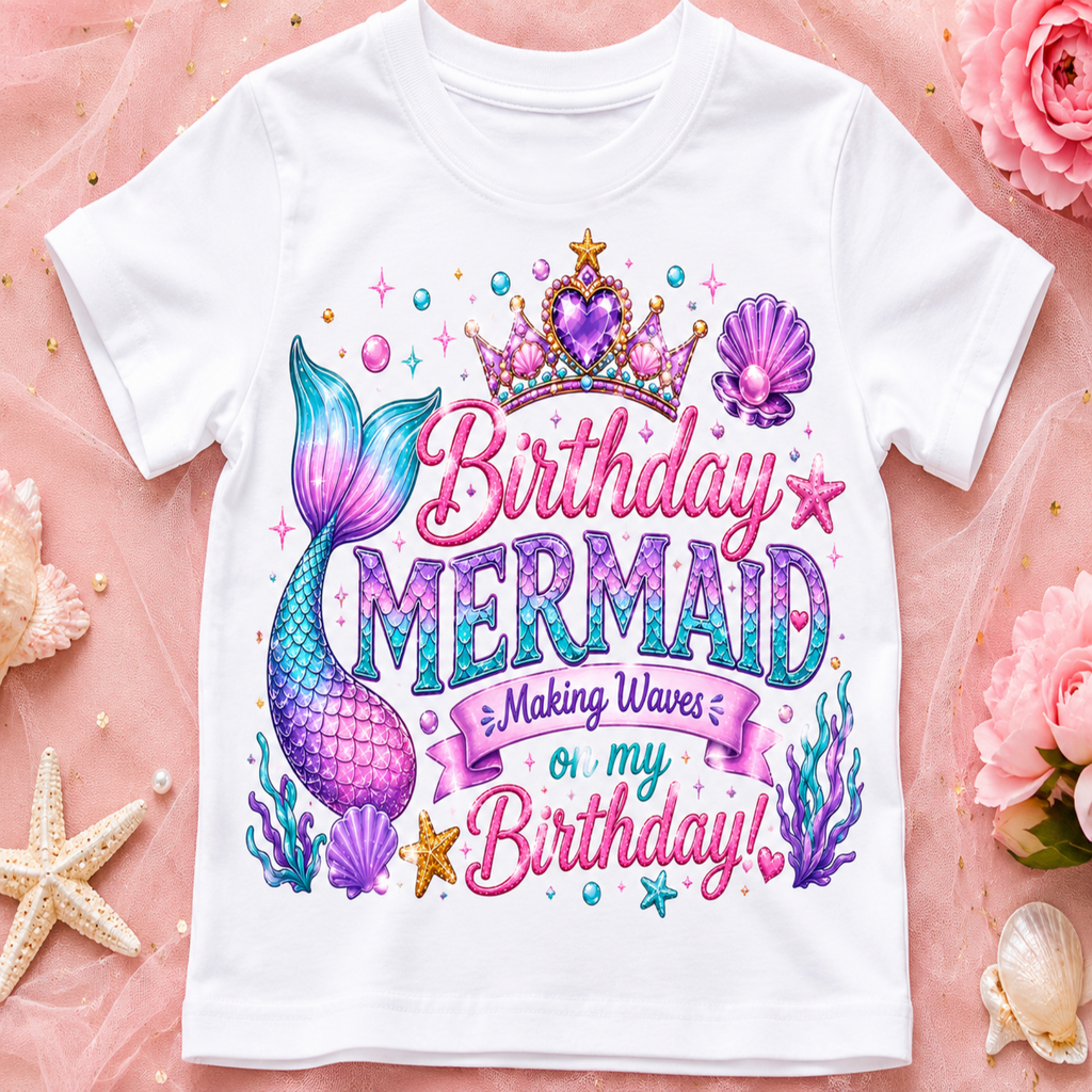 A white short-sleeve kids' t-shirt with a colorful mermaid-themed birthday graphic, laid flat on a pink fabric background decorated with flowers and starfish.