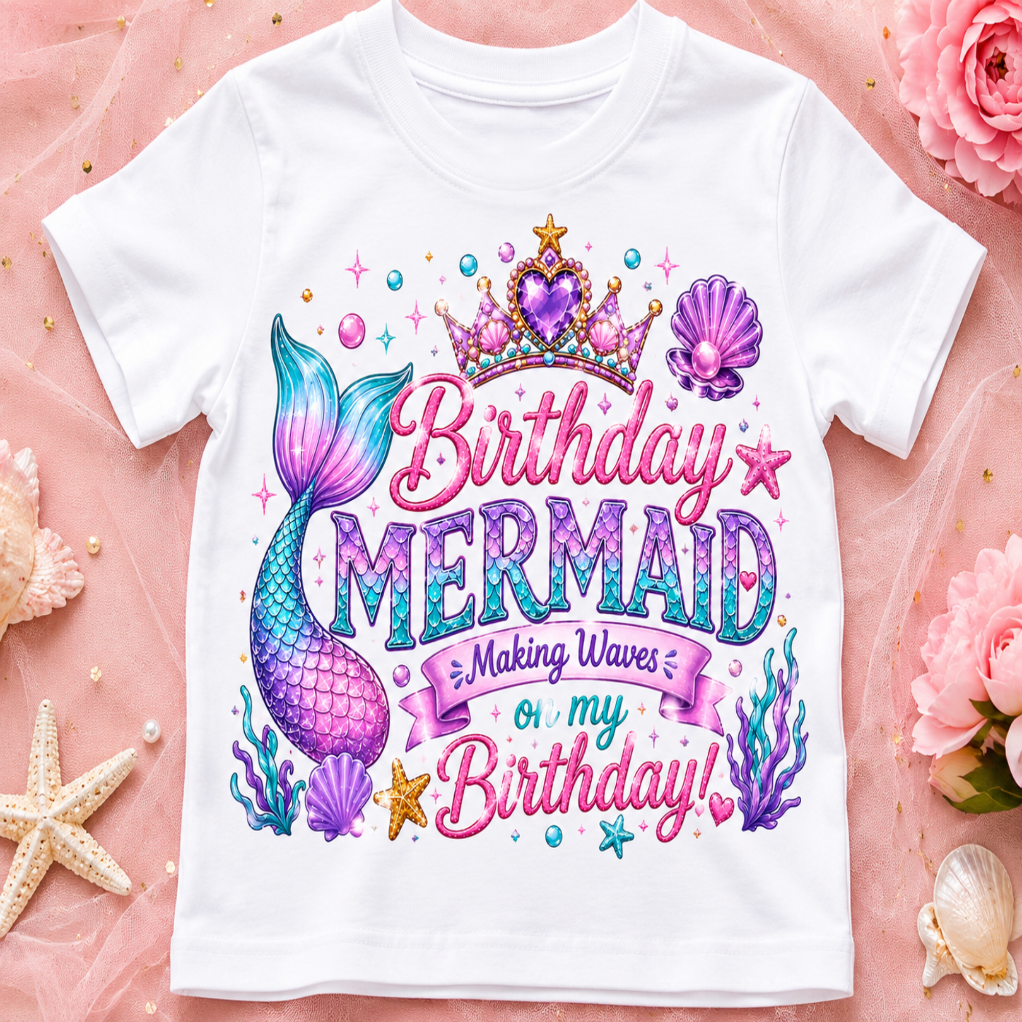 A white short-sleeve kids' t-shirt with a colorful mermaid-themed birthday graphic, laid flat on a pink fabric background decorated with flowers and starfish.