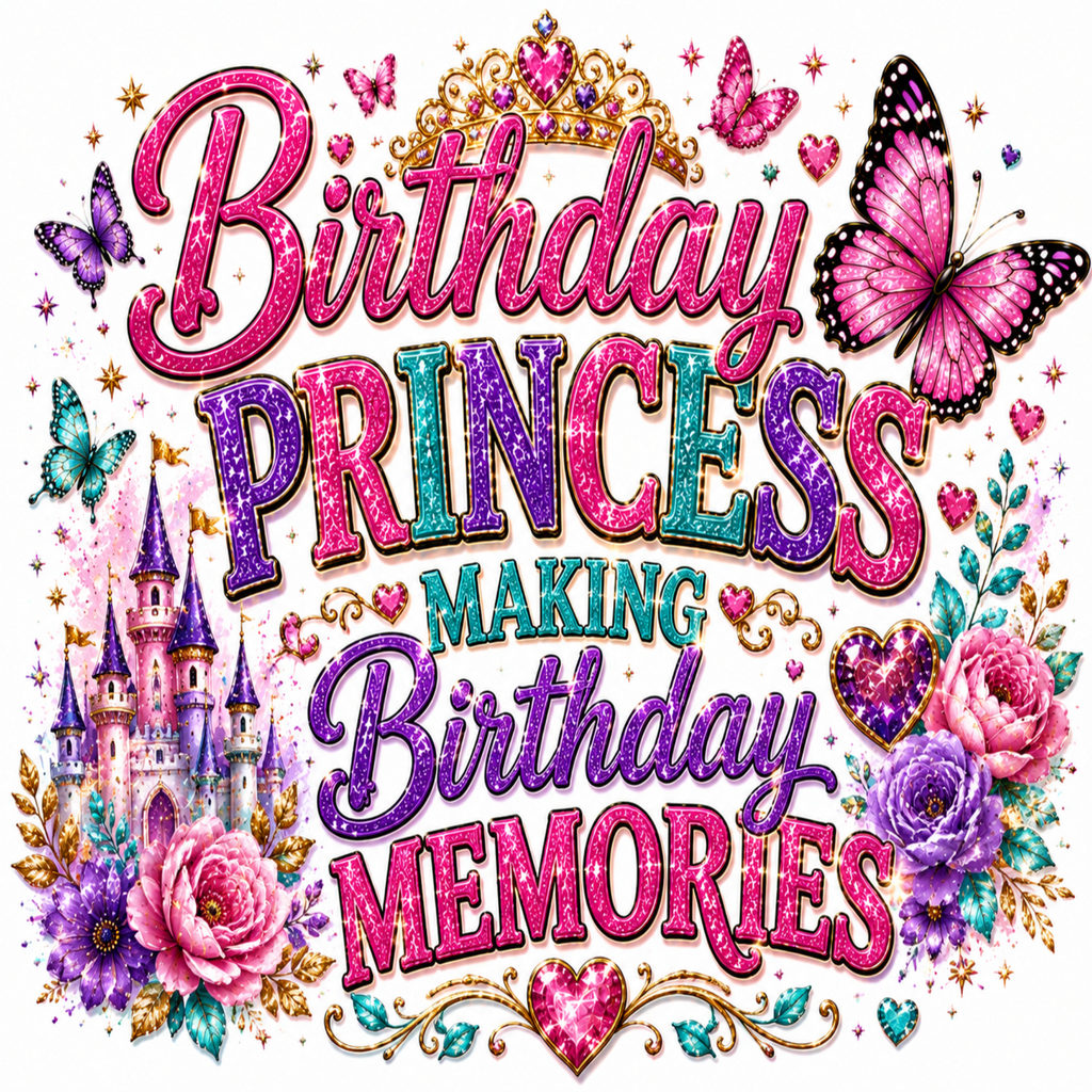 A colorful graphic design featuring the text 'Birthday PRINCESS MAKING Birthday MEMORIES' in glittery pink, purple, and teal lettering, surrounded by a pink butterfly, roses, a purple castle, and hearts on a white background.
