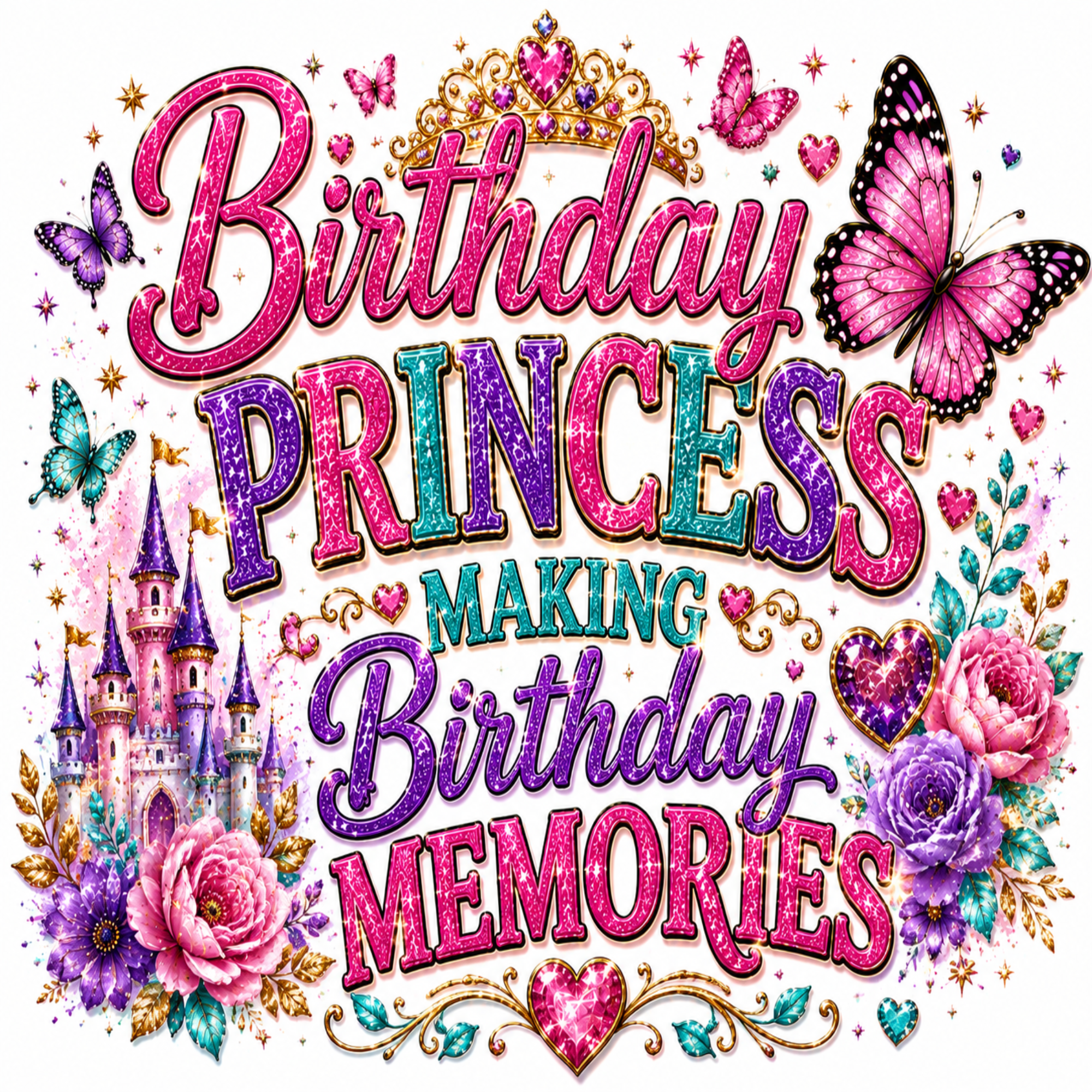 A colorful graphic design featuring the text 'Birthday PRINCESS MAKING Birthday MEMORIES' in glittery pink, purple, and teal lettering, surrounded by a pink butterfly, roses, a purple castle, and hearts on a white background.