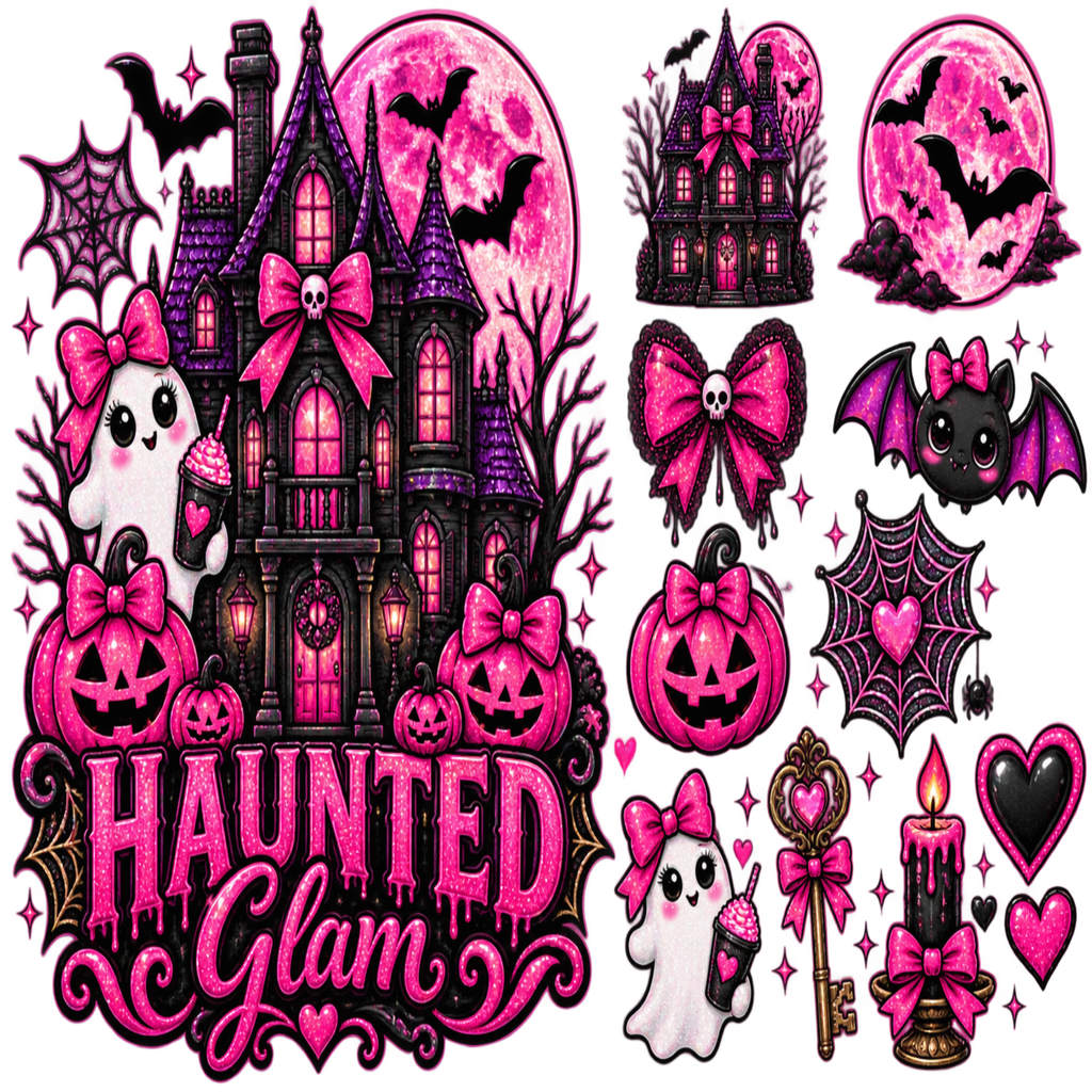 A Halloween-themed graphic design sheet featuring a haunted purple mansion, pink full moon, bats, jack-o'-lanterns, ghosts, spiderwebs, hearts, a key, and candles, with the text 'HAUNTED Glam' in large pink lettering.