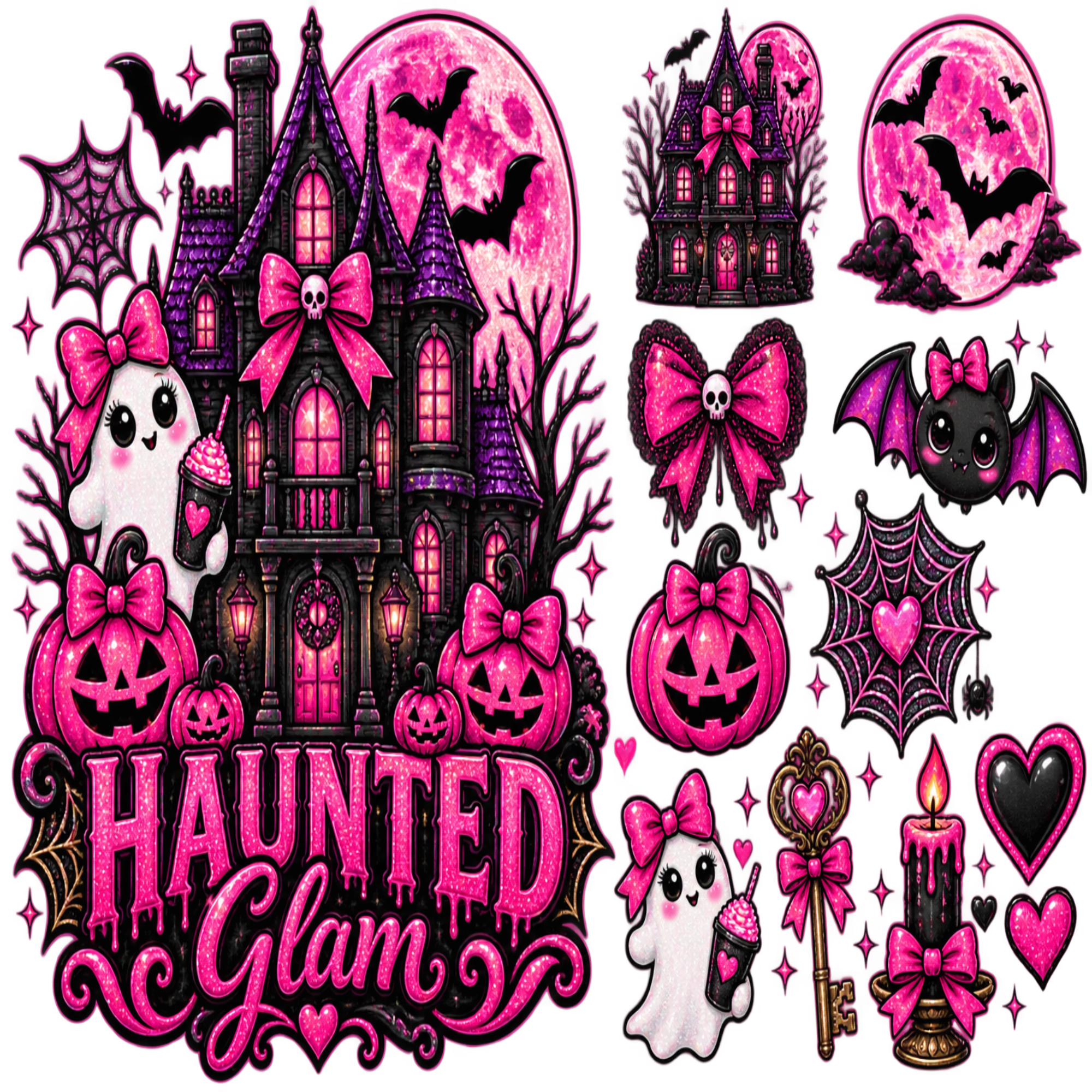 A Halloween-themed graphic design sheet featuring a haunted purple mansion, pink full moon, bats, jack-o'-lanterns, ghosts, spiderwebs, hearts, a key, and candles, with the text 'HAUNTED Glam' in large pink lettering.