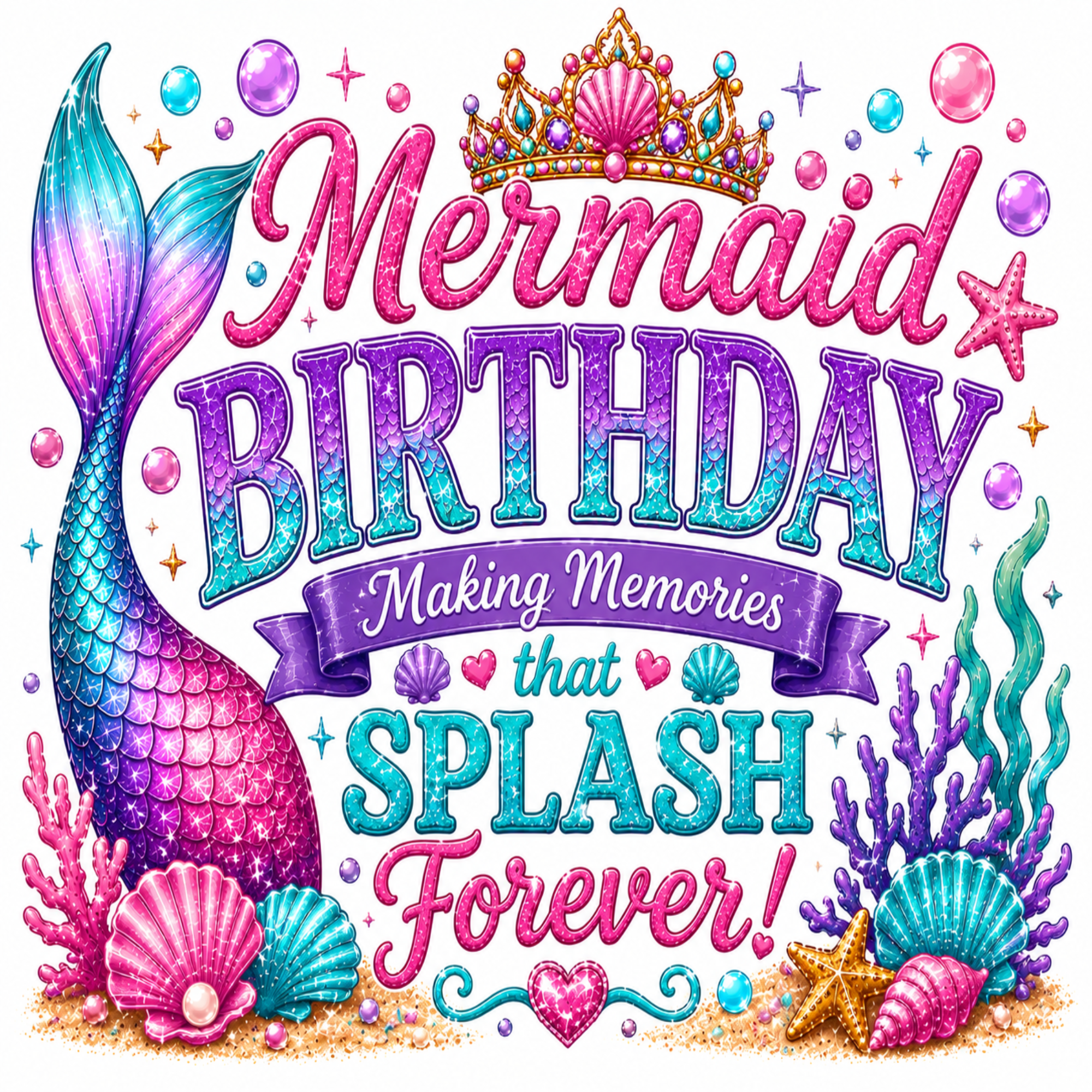 A colorful mermaid-themed birthday graphic with glitter-style text reading 'Mermaid BIRTHDAY Making Memories that SPLASH Forever!' surrounded by a mermaid tail, crown, seashells, bubbles, coral, and starfish on a white background.
