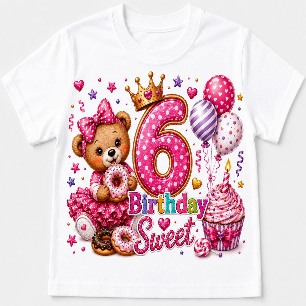A white short-sleeve kids' t-shirt featuring a colorful '6th Birthday' graphic print with a teddy bear, donuts, balloons, a cupcake, and a gold crown.