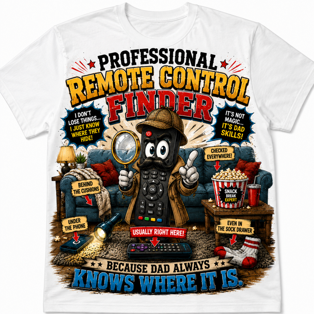 A white short-sleeve crewneck t-shirt featuring a colorful graphic design of a cartoon remote control dressed as a detective in a trench coat and hat, holding a magnifying glass. The graphic includes text such as 'PROFESSIONAL REMOTE CONTROL FINDER' and 'BECAUSE DAD ALWAYS KNOWS WHERE IT IS.