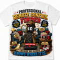 A white short-sleeve crewneck t-shirt featuring a colorful graphic design of a cartoon remote control dressed as a detective in a trench coat and hat, holding a magnifying glass. The graphic includes text such as 'PROFESSIONAL REMOTE CONTROL FINDER' and 'BECAUSE DAD ALWAYS KNOWS WHERE IT IS.