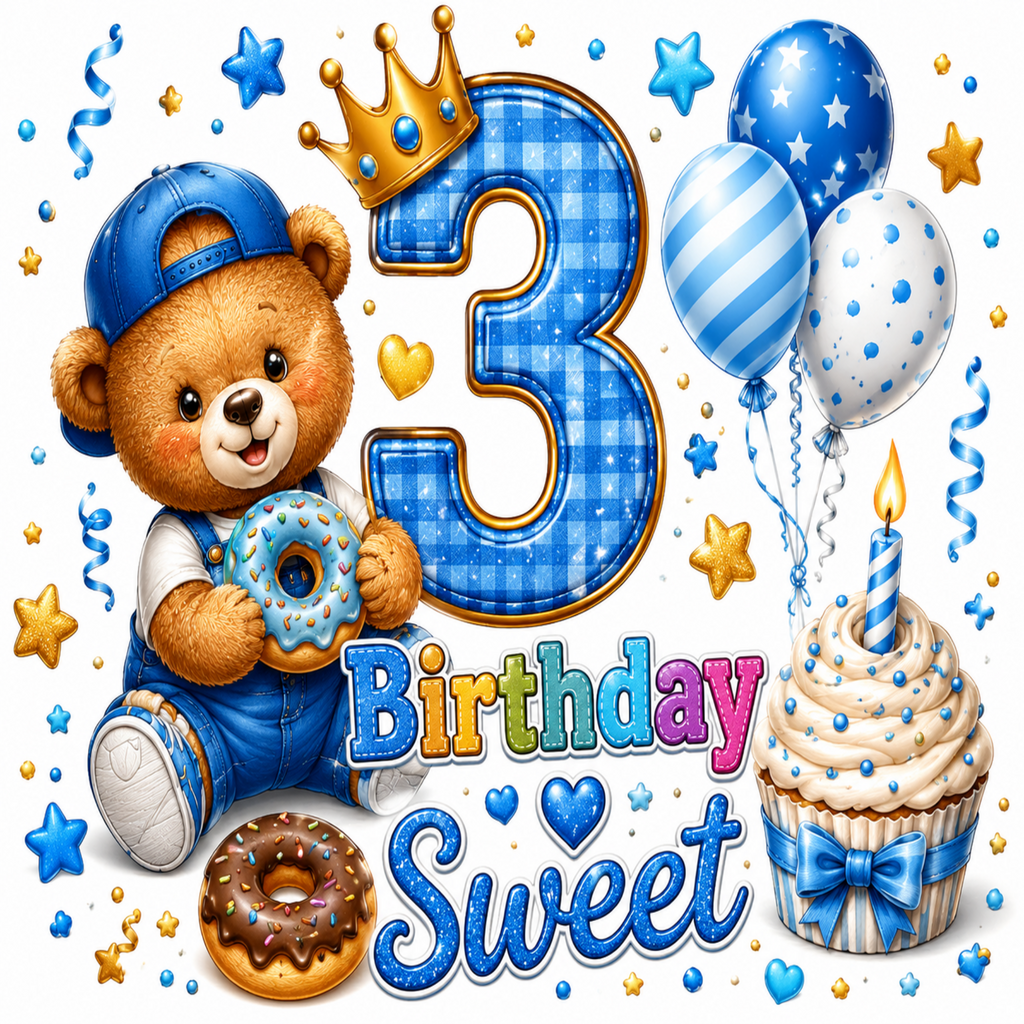 A colorful 3rd birthday illustration featuring a teddy bear in a blue cap holding a donut, a large blue number 3 with a gold crown, balloons, a cupcake with a candle, and the words 'Birthday Sweet' on a white background.