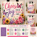 A shopping bag gift bag featuring a colorful floral and butterfly design with the text 'Choose Joy EVEN ON THE HARD DAYS' shown in multiple views and a product information panel.