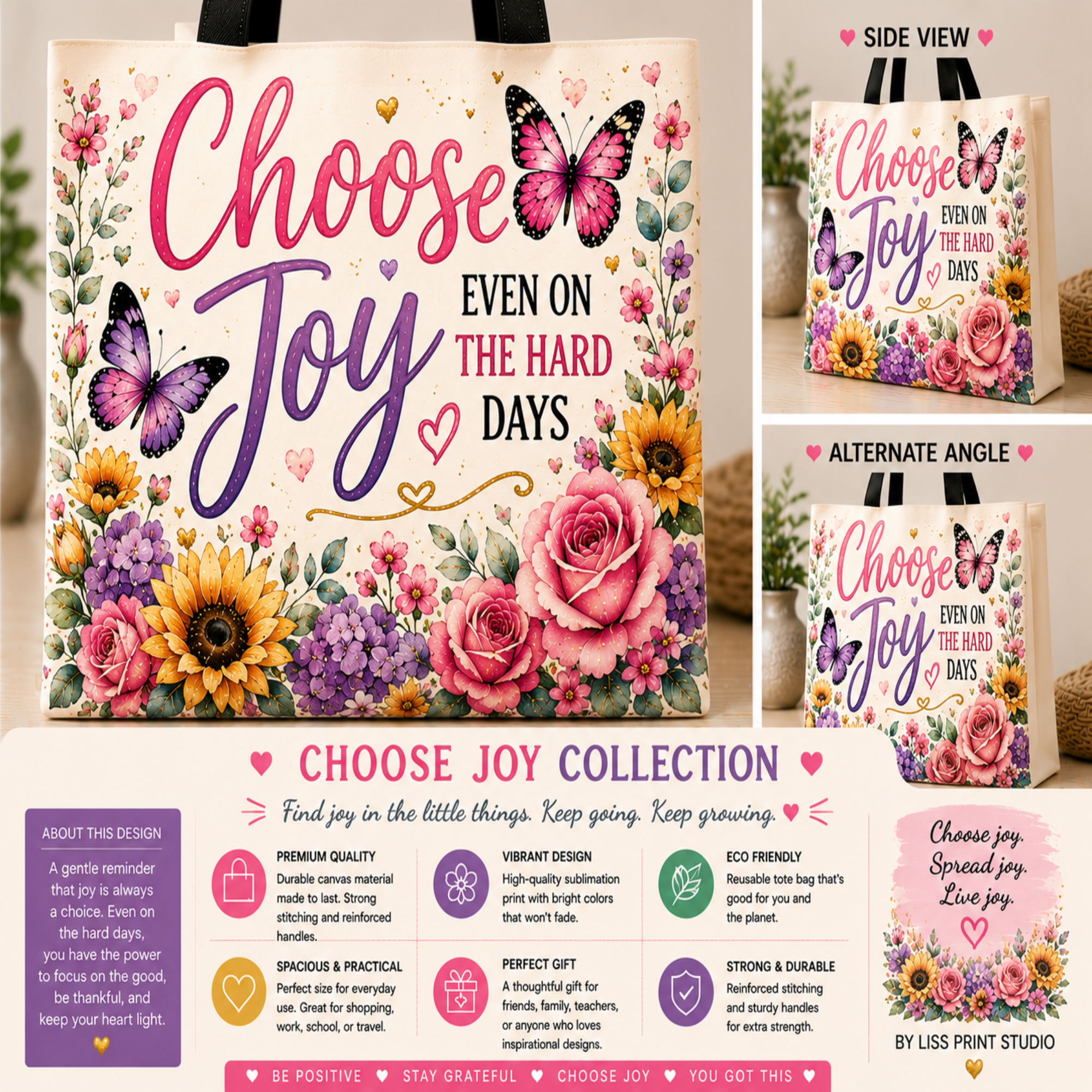 A shopping bag gift bag featuring a colorful floral and butterfly design with the text 'Choose Joy EVEN ON THE HARD DAYS' shown in multiple views and a product information panel.