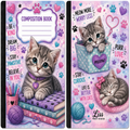 Two-sided view of a cat-themed composition book cover by Liss Print Studio, featuring cute kitten illustrations, paw prints, hearts, and motivational text on a pastel purple background.