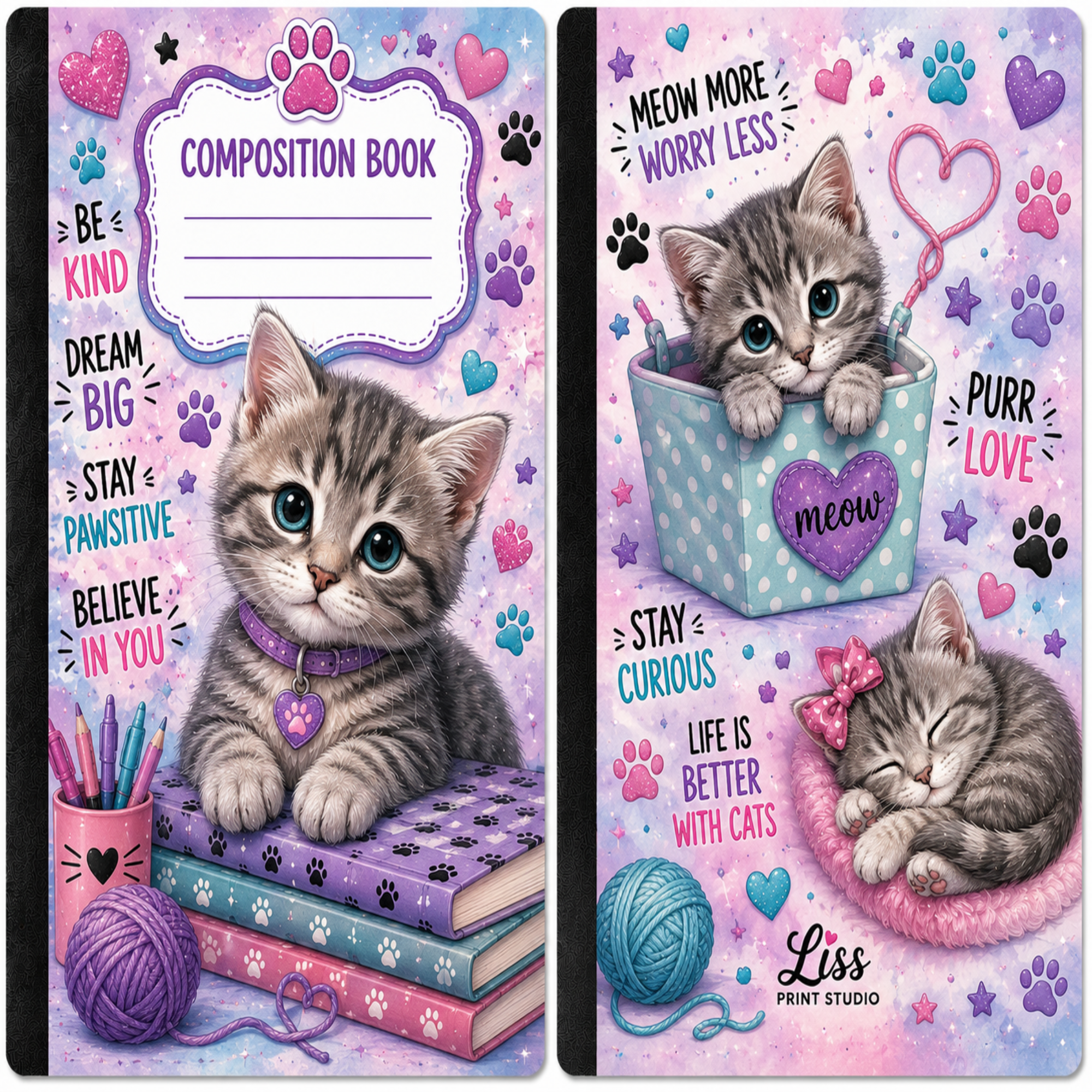 Two-sided view of a cat-themed composition book cover by Liss Print Studio, featuring cute kitten illustrations, paw prints, hearts, and motivational text on a pastel purple background.