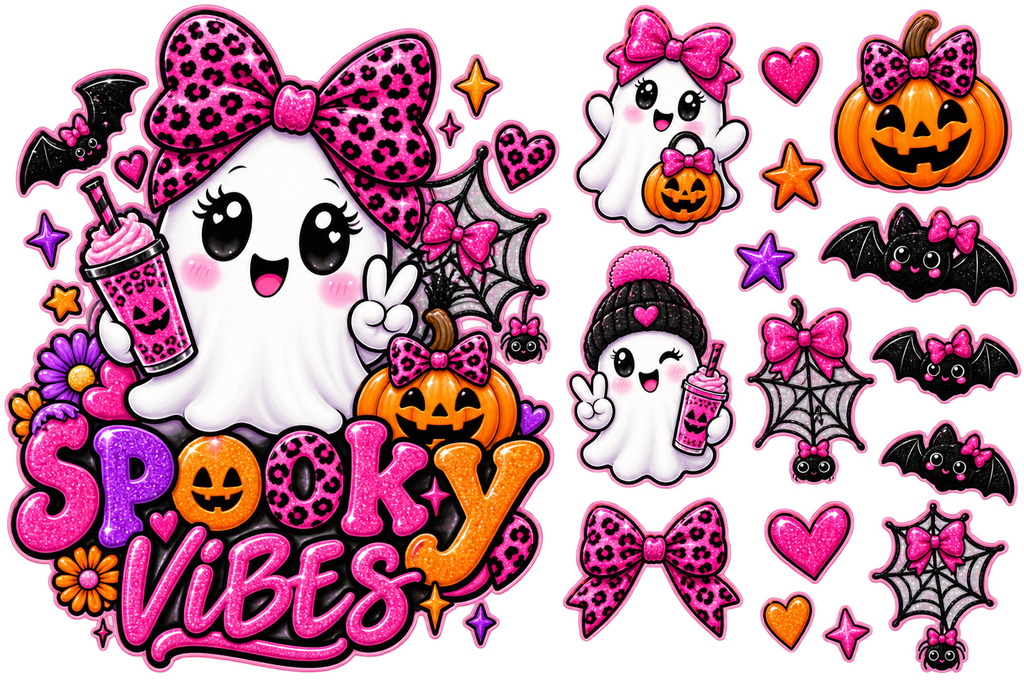 A sheet of Halloween-themed sticker or decal designs featuring cute cartoon ghosts, pumpkins, bats, bows, stars, spiderwebs, and the words “SPOOKY VIBES” in large glittery pink and orange lettering, all on a plain white background.