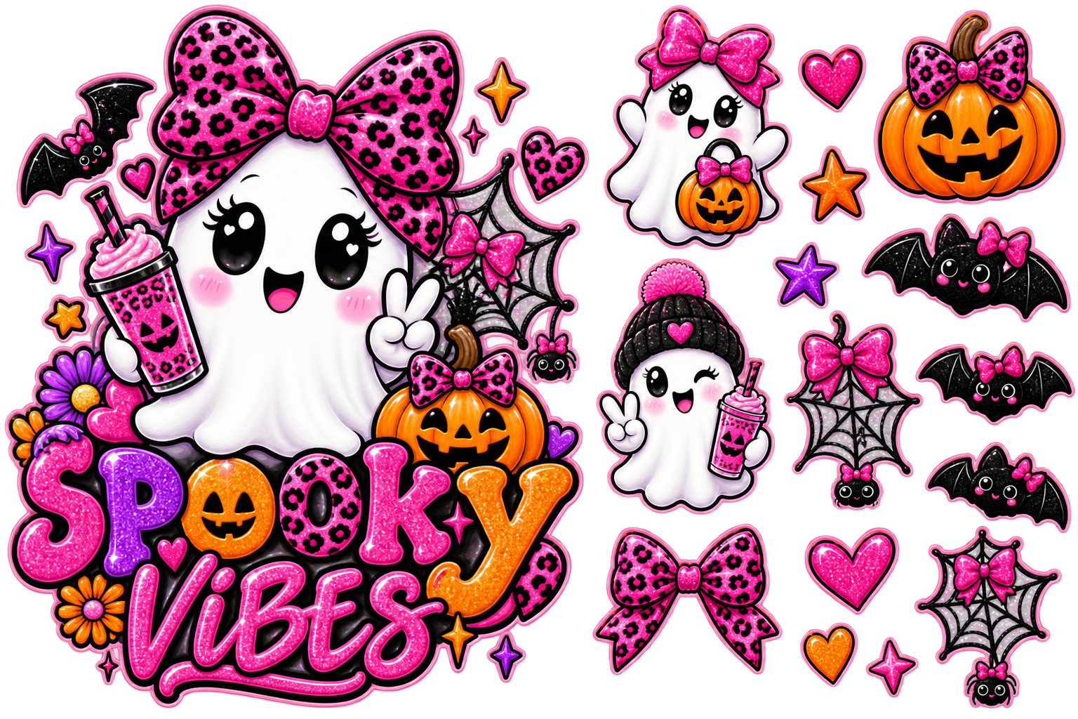 A sheet of Halloween-themed sticker or decal designs featuring cute cartoon ghosts, pumpkins, bats, bows, stars, spiderwebs, and the words “SPOOKY VIBES” in large glittery pink and orange lettering, all on a plain white background.