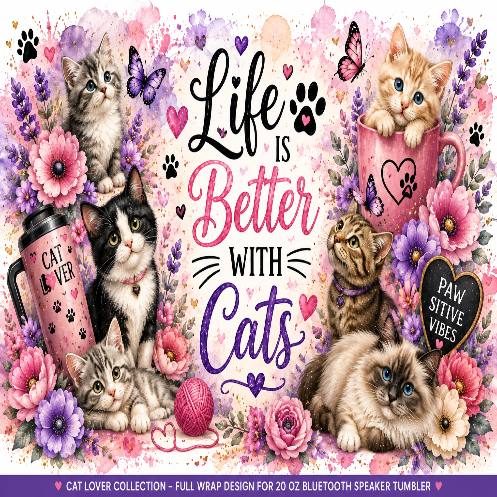 A decorative wrap design featuring multiple illustrated cats, flowers, butterflies, paw prints, and the phrase “Life is Better with Cats.” A pink speaker tumbler with “CAT LOVER” printed on it appears on the left, and a small sign reads “PAW STITIVE VIBES.
